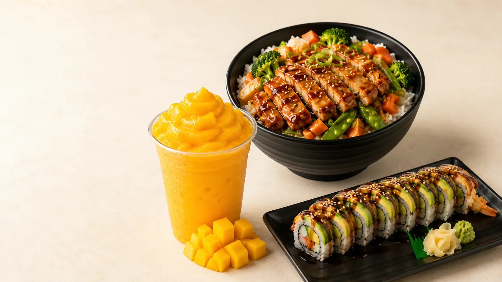 A GOGO STATION rice bowl, sushi and mango drink
